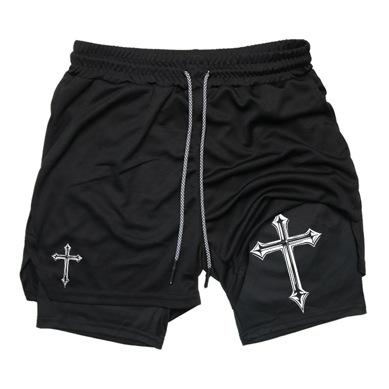 Cross Print 2 in 1 Workout Running Shorts for Men Christian Gym Athletic Shorts with Compression Liner Phone Pocket Towel Loop: M / black
