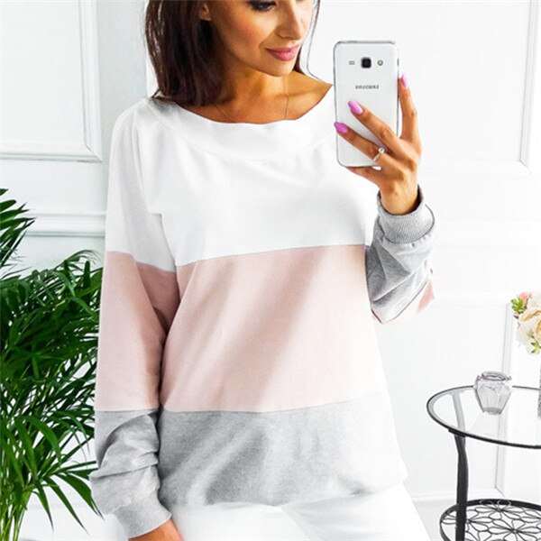 Female Pullovers Tops Sport Colors Patchwork Women O-Neck Sweatshirts Back Lace-up Long Sleeve Tennis T-Shirt: pink / S