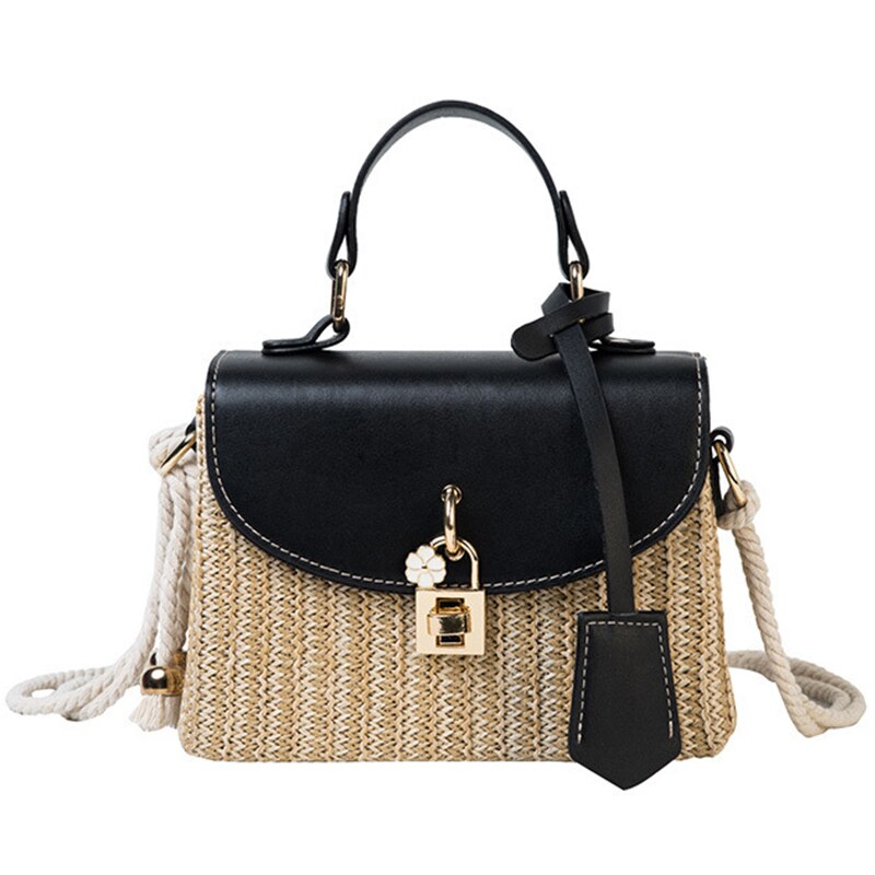 Bolsa de paja de verano tejida para mujer, bolso de mano femenino, cruzado, a la , de noche,: Black