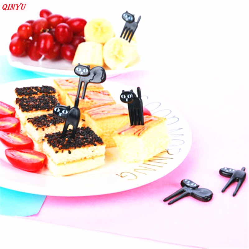 6 Stuks Mini Cartoon Kat Dier Vork Fruit Picks Leuke Kinderen Vork Bento Lunchbox Decor Accessoires Zwarte Kleur 6Z