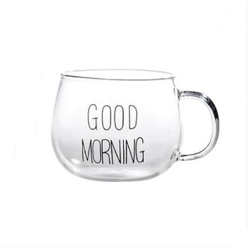 Vidrio vientre tazas Estilo corto transparente desayuno taza de alta temperatura resistencia creativa café té de la leche de yogur de avena tazas: black text