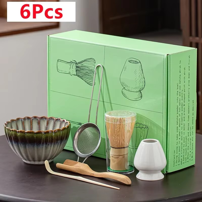 Matcha Whisk Set with Matcha Ceramic Bowl, Matcha Bamboo Whisk, Scoop, Sifter Home Kitchen Decor Tea Making Tools