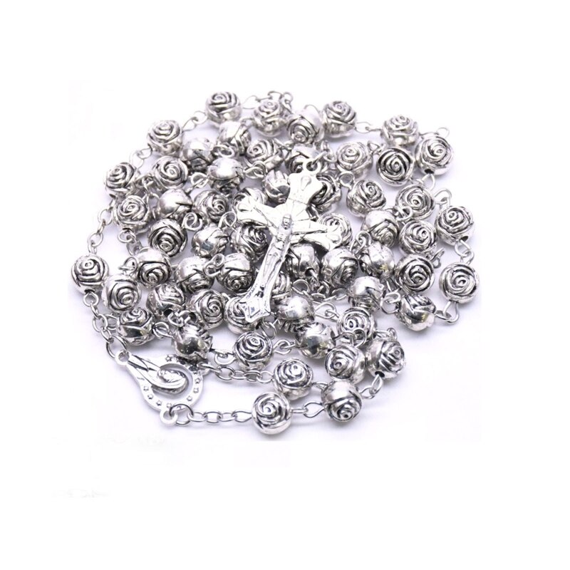 Collier chapelet de perles de prière catholique, en argent, de , Rose de prière du Christ, amour