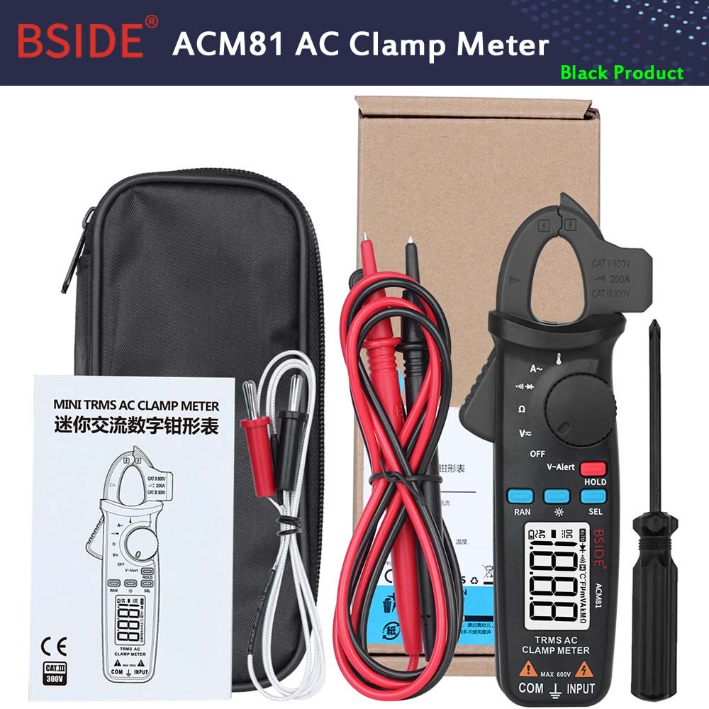 BSIDE ACM81 Clamp Meter 1mA Accuracy Auto-Rang Digital Multimeter Current DC AC Voltage Diode NCV Temperature Tester: ACM81-Black