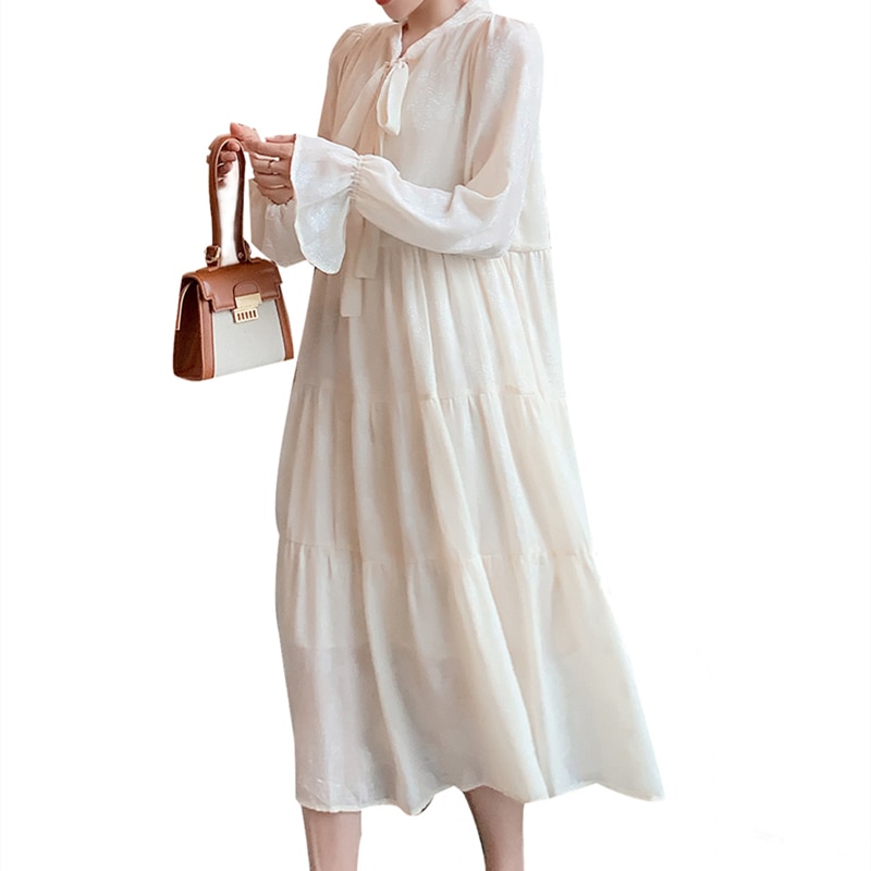 8113 Spring Korean Maternity Maxi Long Dress Plus Size Loose Clothes for Pregnant Women Sweet Long Sleeve Pregnancy