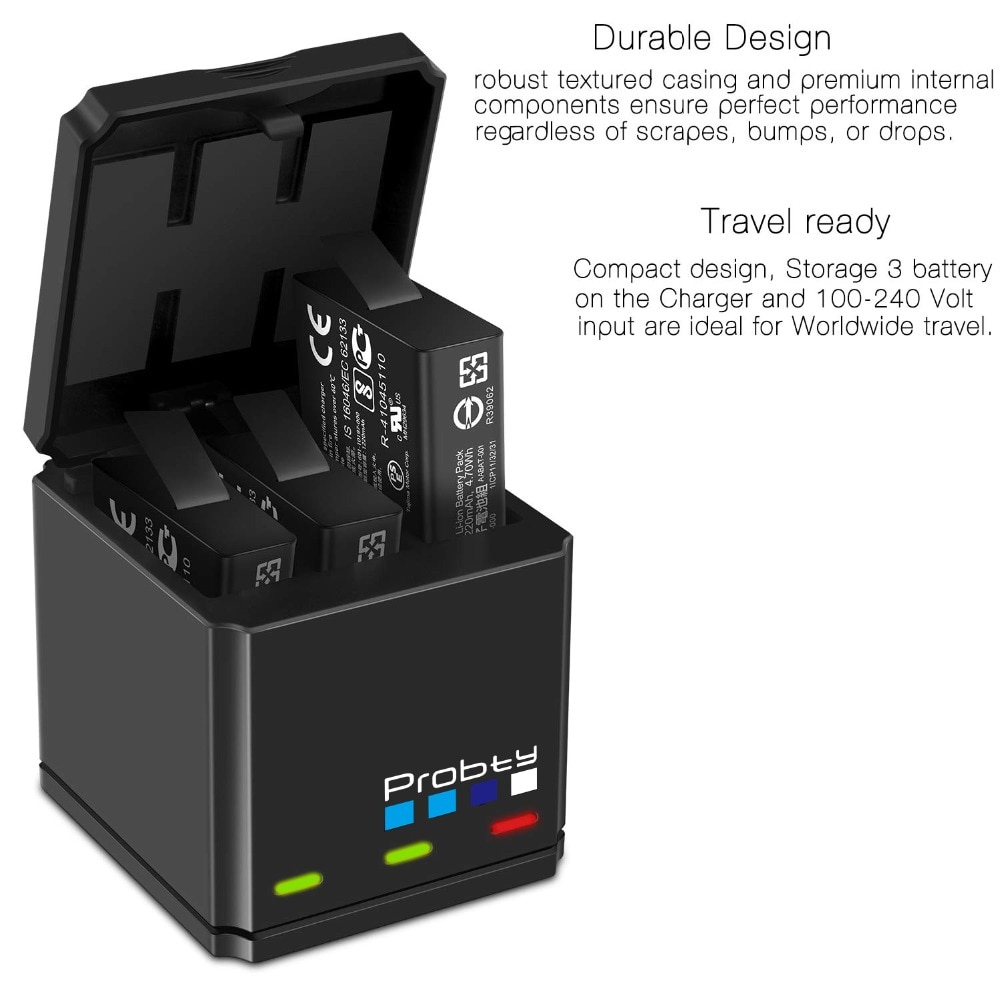 Probty d'origine pour GoPro hero 7 hero 6 hero 5 Batteries noires et chargeur Triple pour GoPro hero 7/6/5 accessoires de batterie noir