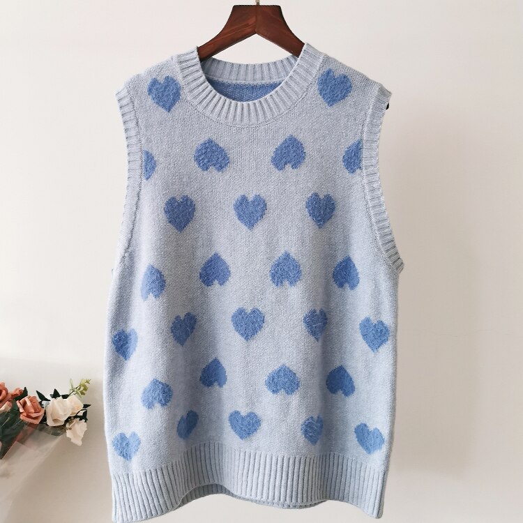 Hjertegenser Vest til kvinne strikket avling topp ermeløs japan harajuku strikkegenser o-halset søt kawaii genser: Blå