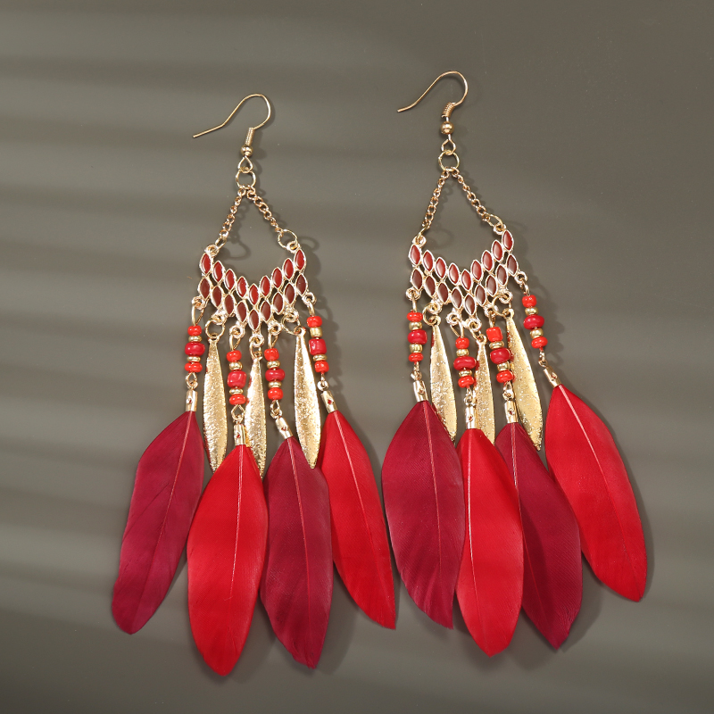 Pendientes bohemios largos de plumas colgantes para Mujer, Pendientes largos de playa con borlas, Pendientes esmaltados de flores hechos a mano, Pendientes de boda para novia para Mujer: Chapado en zinc blanco y azul
