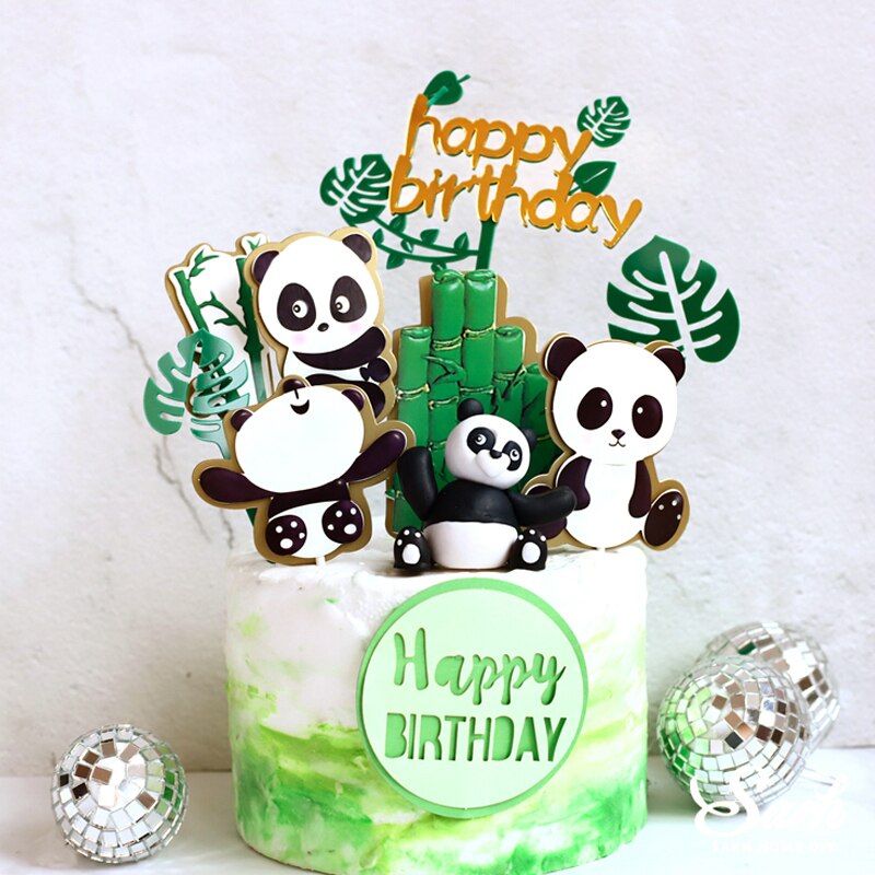 Panda bamboo Cake Topper Happy Birthday Turtle leaf Clay Decoration for Children's Boy Girl Party Supplies Baking Lovely