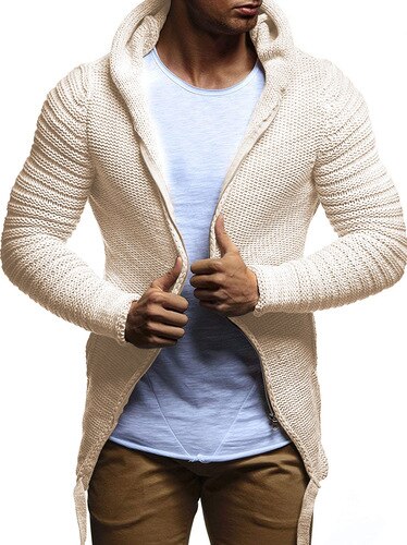 Man Knitted Cardigan Coats Men's Sweater Coat Solid Color Men's Sweater Hooded Sweaters Coats: khaki / XL