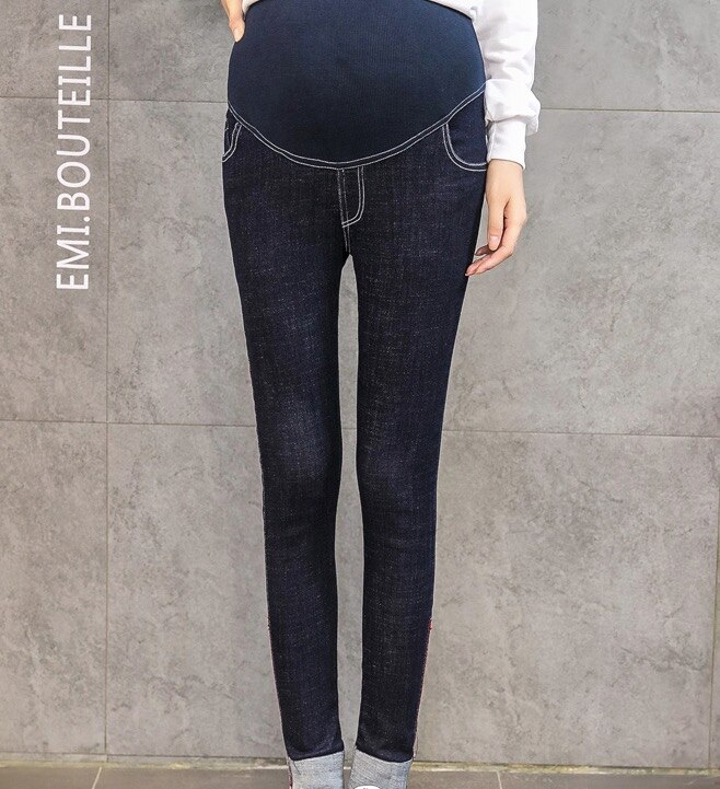 Envsoll forår efterår mave skinny barsel jeans bomuld justerbar talje blyant graviditet bukser tøj til gravide kvinder: Blå / Xxl