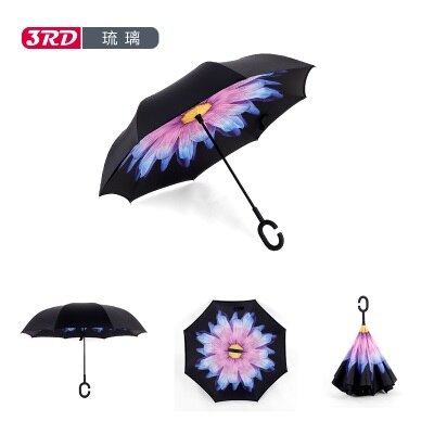Vindtæt omvendt foldning dobbeltlag omvendt chuva paraply selv stå ud og ud regn beskyttelse c-krog hænder til bil: Sort