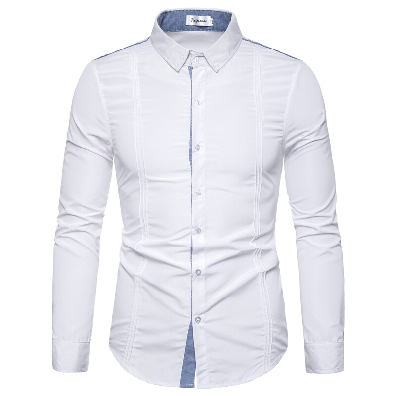 Casual Shirts Men Stitching Denim Long Sleeve Dress Shirt Chest Fold Daily Business Social Camisas 3XL