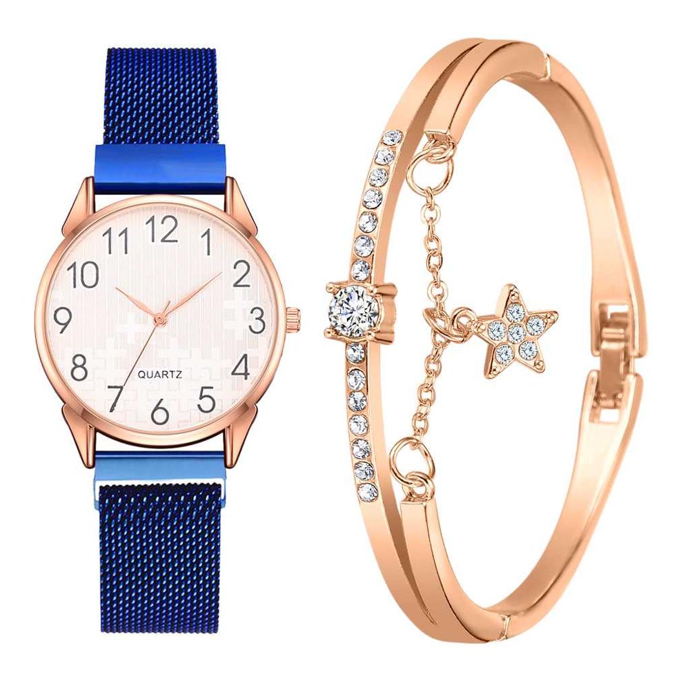 Ensemble de 2 montres pour femmes avec bracelet en maille magnétique et aimant en or, montres à quartz à chiffres arabes pour femmes: Ensemble bleu