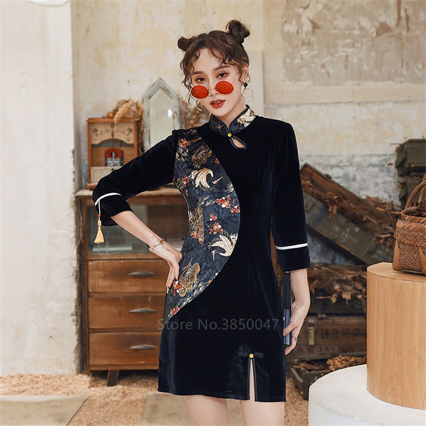 dame svart fløyel cheongsam kjole kran splitt kort qipao retro kinesisk stil tradisjonelle klær festkjole