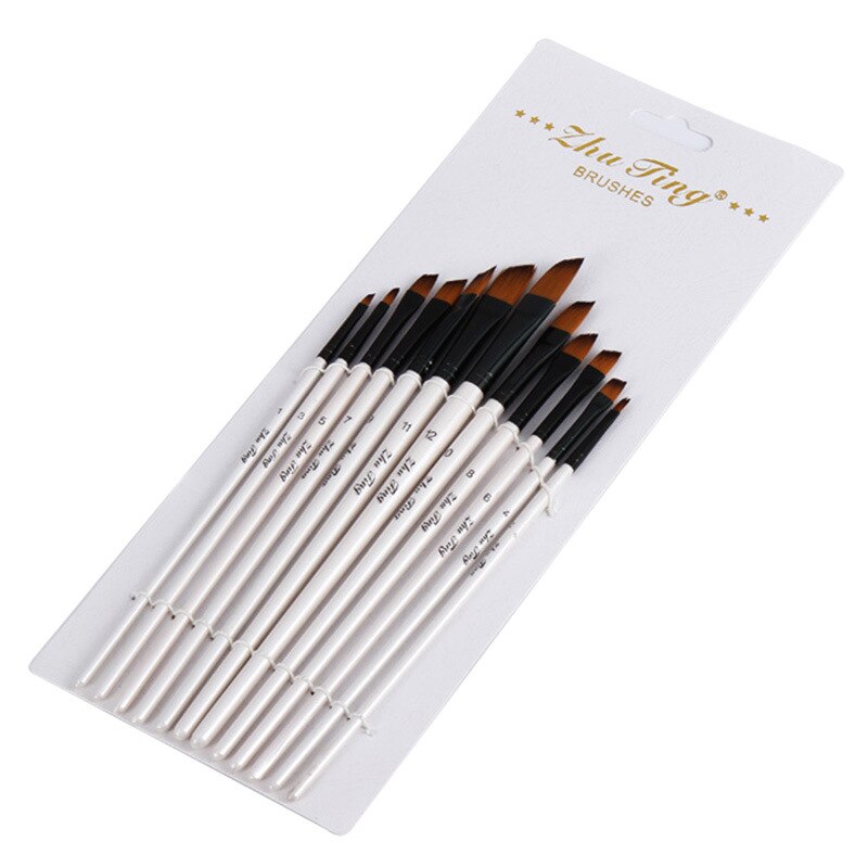 12 Stuks Nylon Haar Houten Handvat Aquarel Penseel Pen Set Voor Leren Diy Olie Acryl Schilderen Art Penselen levert: Oblique peak