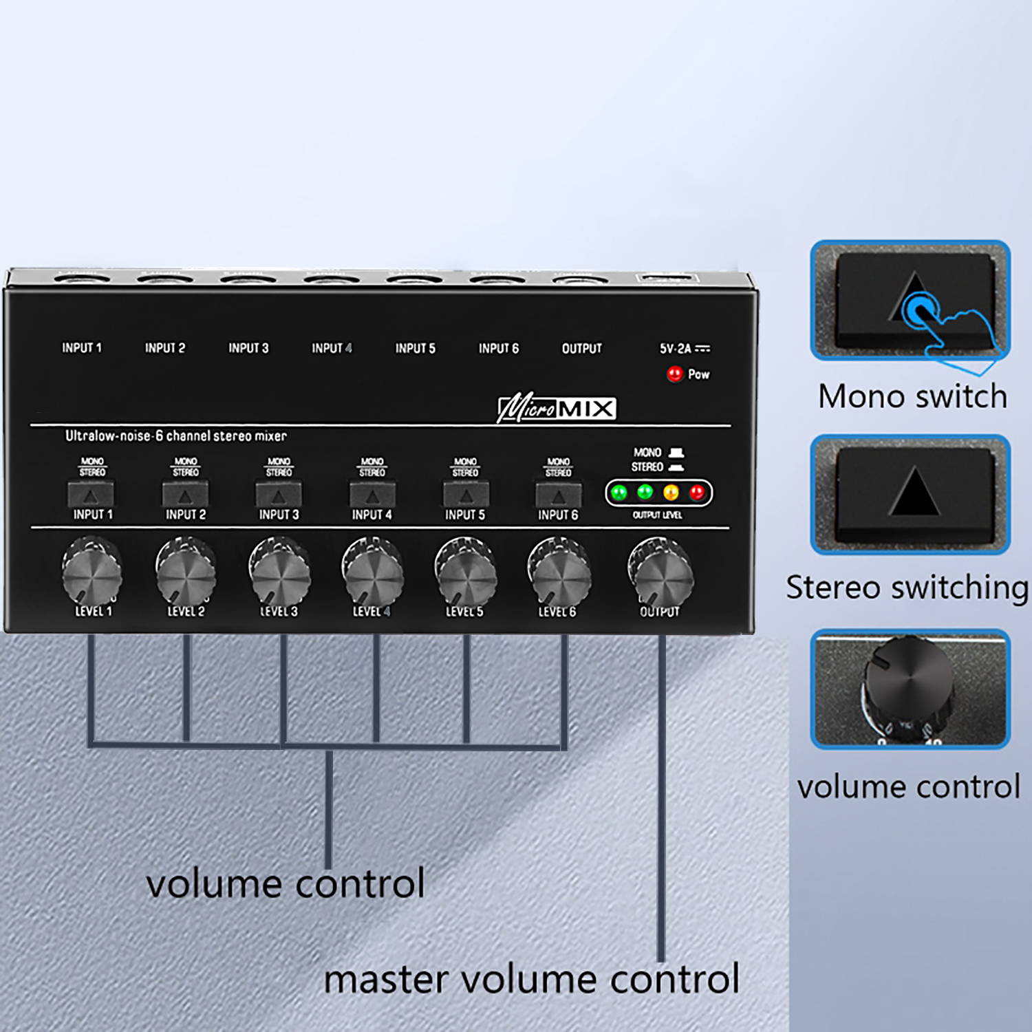 Ultra Low-Noise 6 Channels Audio Mixer Sound Mixer Stereo Mixer 6.35MM Portable USB Powered for Recording