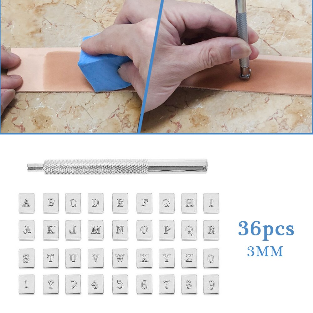 Juego de punzones de acero con letras del alfabeto y número, estampado de Metal, cuero, punzonado, bricolaje, Kit de cuero para manualidades, 36 Uds.: 3mm