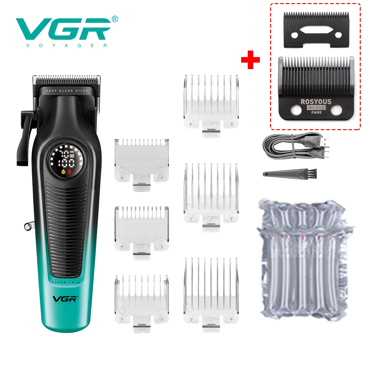 VGR 196 Professionelle Haarschneidemaschine, DLC-Klinge, LED-Anzeige, kabellose USB-Keramikklinge, Herren-Haarschneidemaschine, Haarschneidemaschine: Grün