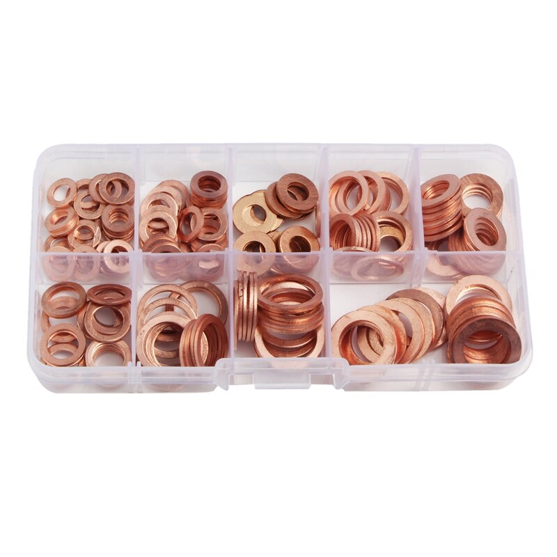 200Pcs 9 Sizes Copper Washers Assorted Solid Copper Gasket Washers Sealing Ring Set Hardware Kit M5/6/8/10/12/14 with Plastic Ca