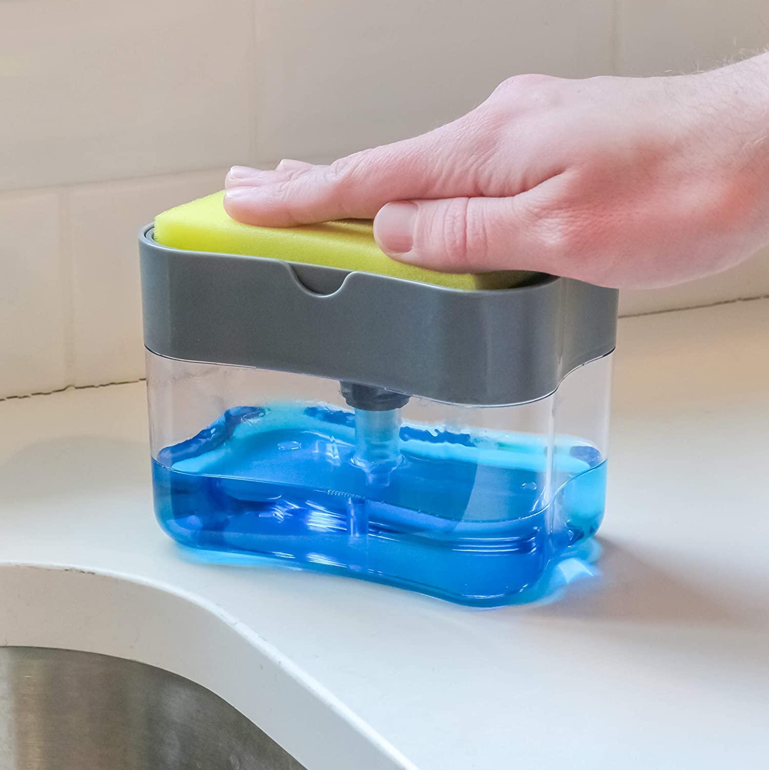 Ycoo 2- i -1 tvål dispenser diskmedel dispenser manuell press flytande tvål dispenser kökstvätt tvål pump svamp caddie: Grå