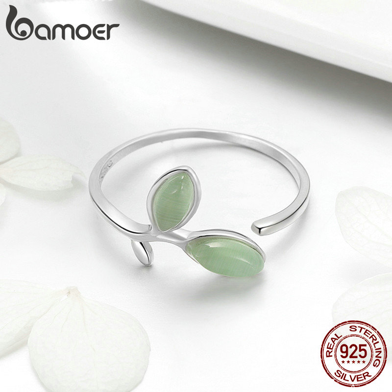 BAMOER 925 Sterling Silver Hope Green Tree Leaves Tree Buds Female Finger Rings for Women Sterling Silver Jewelry SCR453