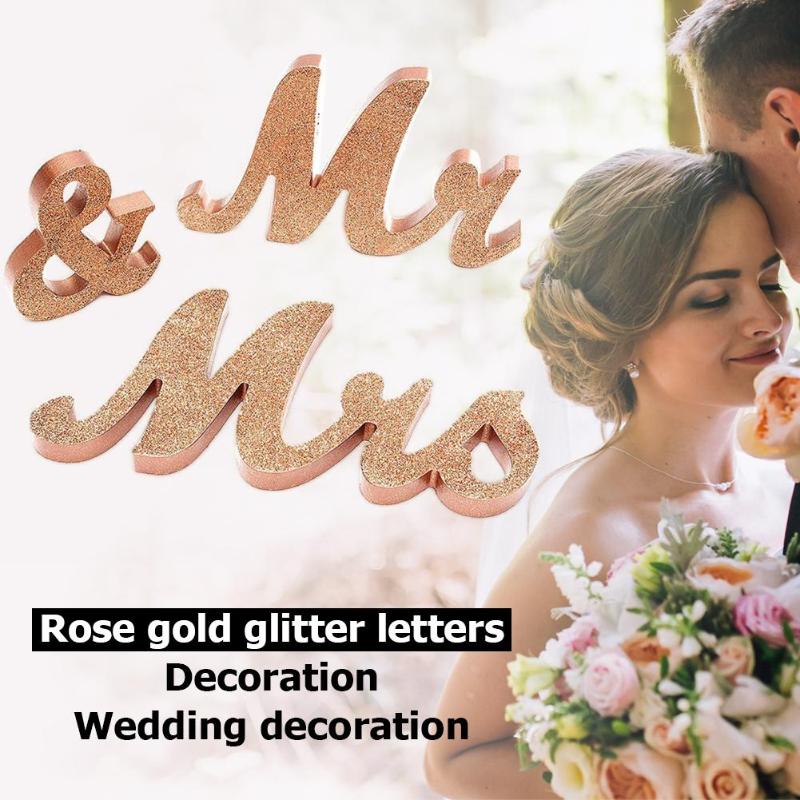 3 piezas de brillo romántico MR MRS letras decorativas signos boda foto Prop Set tablero de abedul + Accesorios de boda de madera contrachapada