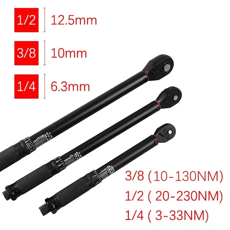 Llave dinamométrica de 3-230N.m, tubo redondo, alta precisión, ajustable, 1/2 '', 3/8'', 1/4'', llave dinamométrica, herramientas manuales automotrices para bicicleta y coche