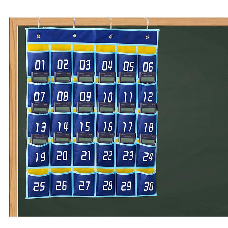 Numbered Pocket Chart Classroom Organizer for Cell Phones Calculator Holders 30 Pockets Blue Pockets