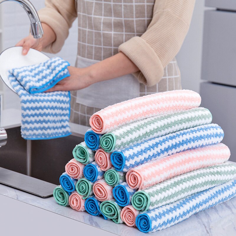 Lingettes de cuisine à fleurs rayées, 20 pièces, en microfibre plus épaisse, absorbantes, pour le nettoyage de la vaisselle