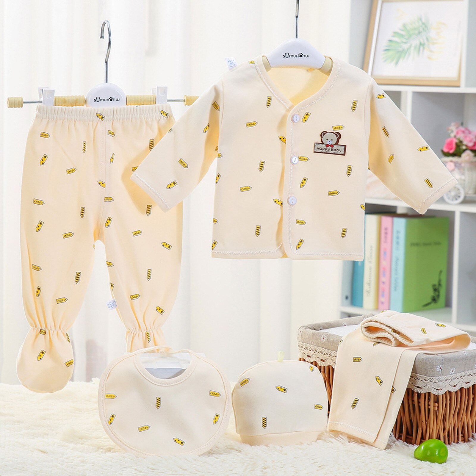 5Pcs Peuter Meisje Kleding Pasgeboren Nachtkleding Outfits Baby Jongens Meisjes Cartoon Lange Mouwen Tops + Hoed + Broek + bib Outfits Set: Yellow 