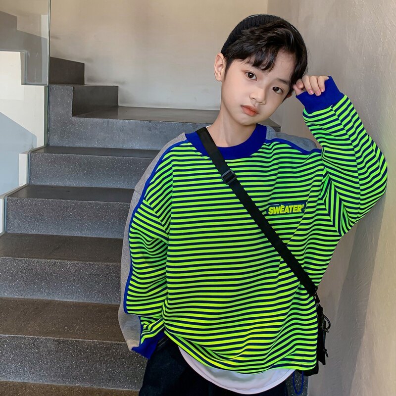 Sudadera gruesa de manga larga para niño, ropa deportiva coreana con estampado a rayas, holgada, para otoño e invierno,: Verde / 13
