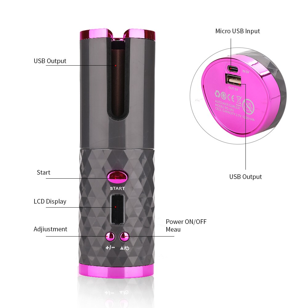 Portable Wireless Automatic Curling USB Rechargeable Hair Curler LED Display Temperature Adjustable Styling Tool Hair Device
