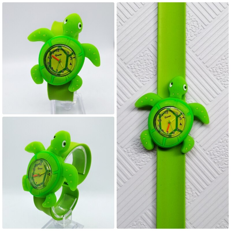 4 blandet tegneserie bi enhjørning mønster børn ure skildpadde slap pat ring ur børn quartz sport armbåndsur drenge piger ur: Skildpadde grøn