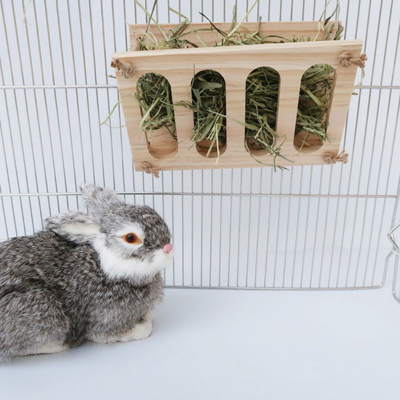 Rabbit Wooden Hay Rack Manger Multi-Functional Manger Grass Holder Hamster Bowl