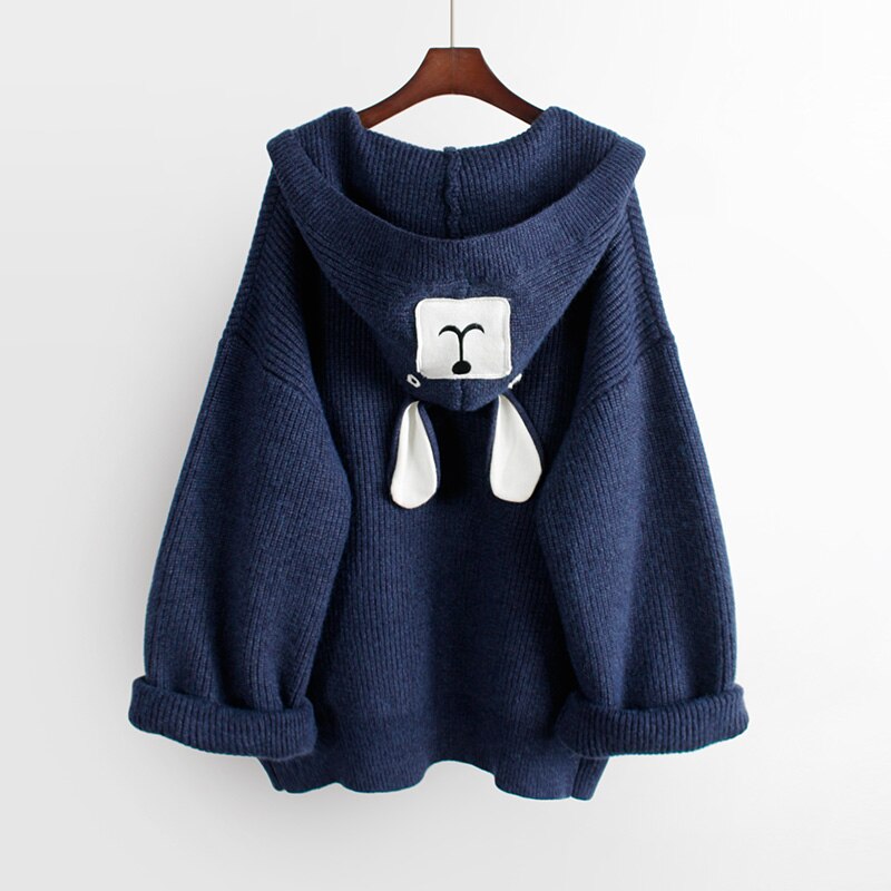 Neploe, suéter de punto con capucha para mujer, aplique de dibujos animados, abrigo de ropa de punto larga medio suelto, Otoño Invierno , punto abierto