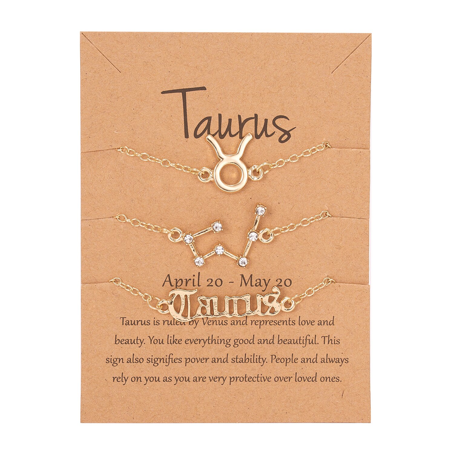 3 Stks/set Constellation Zodiak Teken Ketting Armband Voor Vrouwen Ster Strass Virgo Goud Kleur String Verjaardag Vriendschap Sieraden: Taurus
