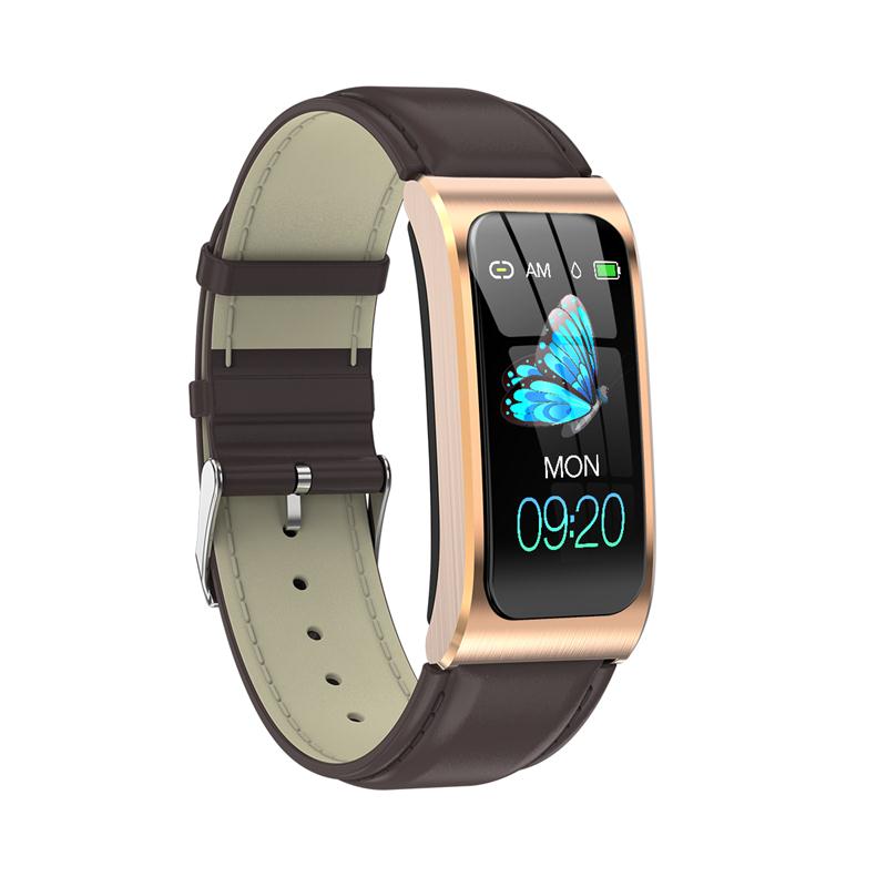 AK12 Activity Fitness Tracker Smart Bracelet Color Screen Waterproof Women's Watch Heart Rate Monitor Sports Band: Gold leather strap