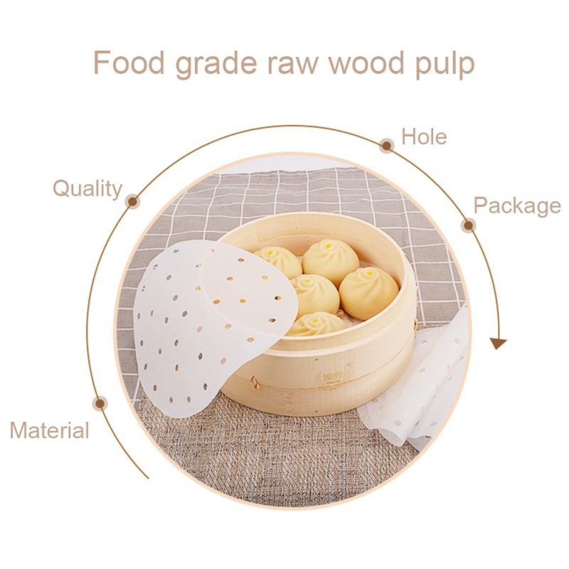200 Pcs Gestoomde Pad 7/9 Inch Geperforeerde Perkament Vellen Papier, non-stick Stomen Mat Voor Lucht Friteuse Bamboe Stoomboot Bakken