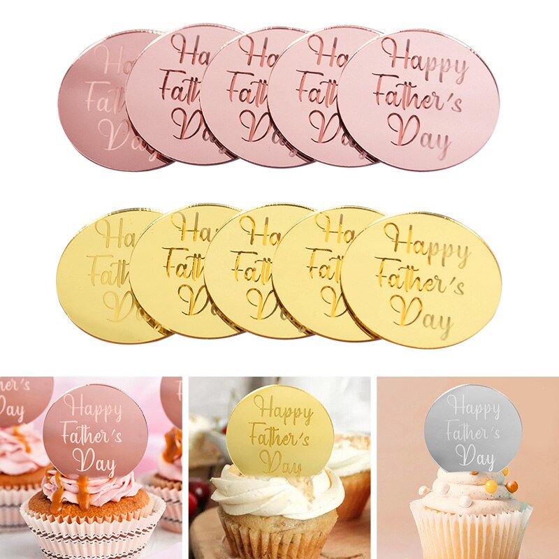 10Pcs Gelukkige Moederdag Cupcake Topper Spiegel Ronde Acryl Verjaardag Vaderdag Cake Dessert Bakken Party Decoratie Benodigdheden