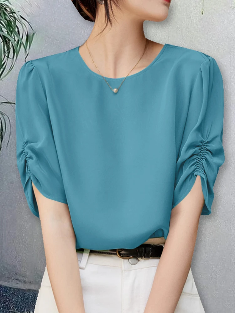 Zanzea kontorbluse sommer dame kortærmet arbejdsskjorte stilfuld ensfarvet tunika toppe afslappet o-hals blusas oversize