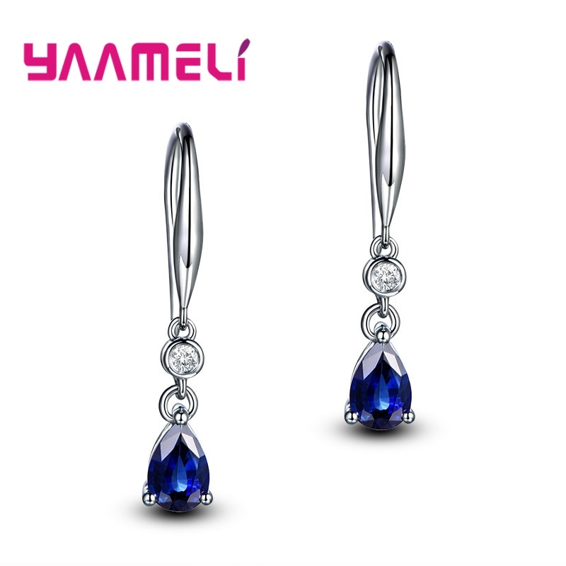 925 Sterling Silver Earrings for Women Long Wedding Jewelry Accessories Smooth Tears/Waterdrop Pendientes: Blue