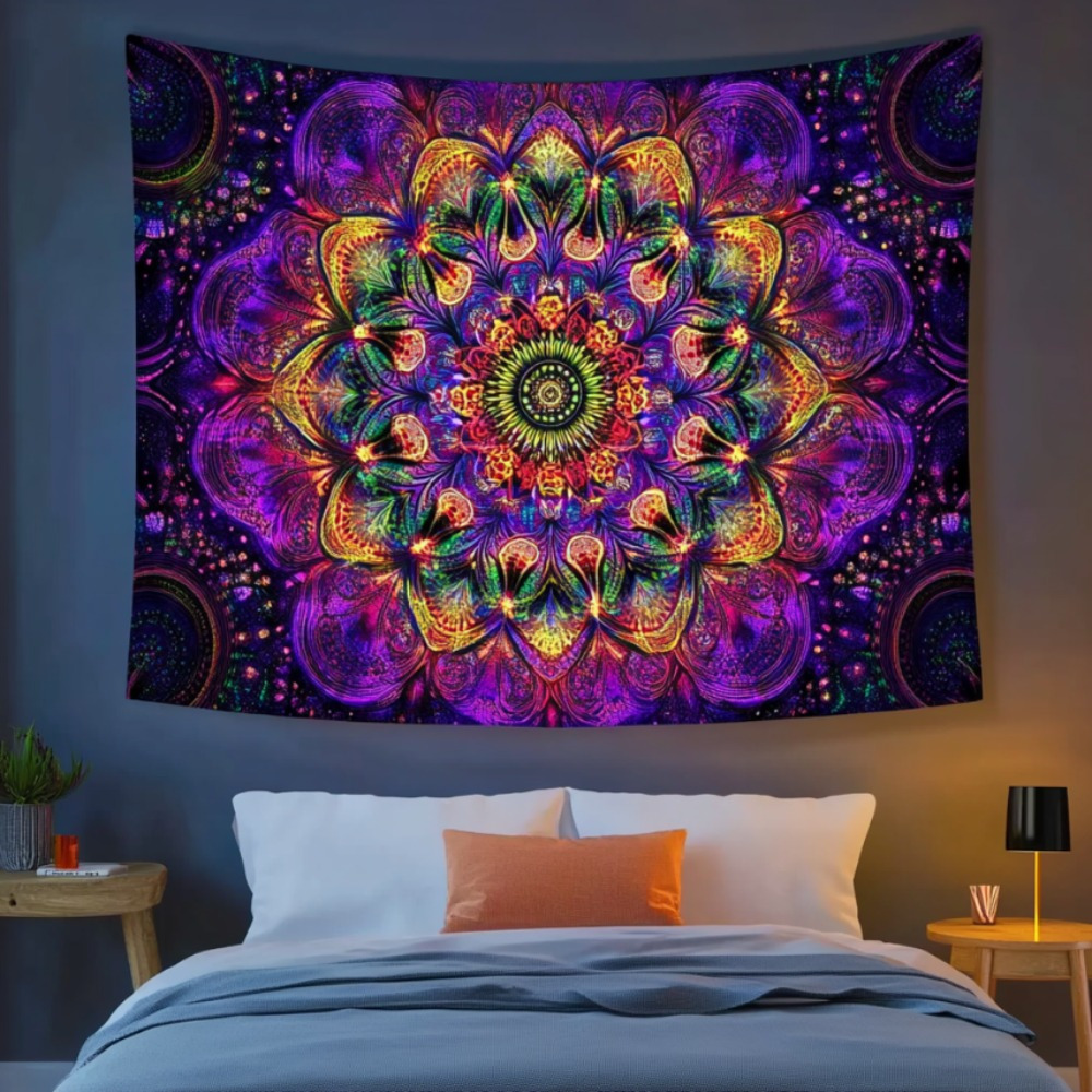Tapiz de luz negra UV estrellada con Mandala bohemio, decoración de pared fluorescente brillante, adecuado para dormitorio, sala de estar y dormitorio: 1.440 mm × 960 mm / Deep Purple