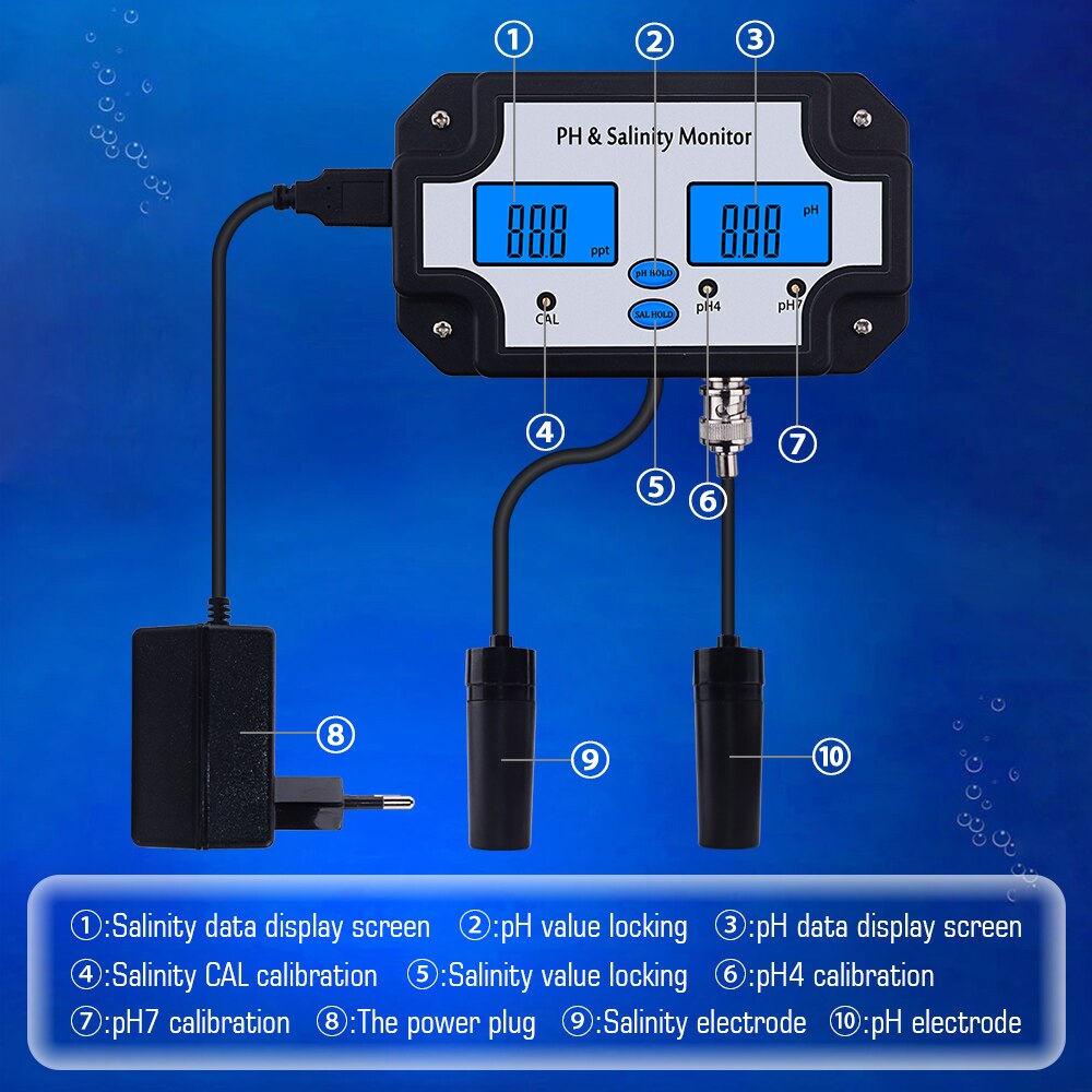 Yieryi-Monitor de PH y salinidad de PH-2685, medidor de ph y salinidad 2 en 1, probador de salinidad para acuario, piscina, Spa, agua de mar, del agua hortícola
