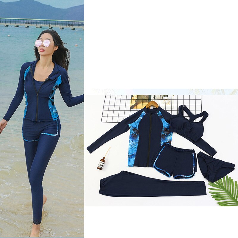 Vrouwen 5Pcs Rashguards Full Body Duik Surf Swim Suit Sport Gym Fitness Jassen Lange Mouw Lange Mouw Basis lagen Wetsuit Zip