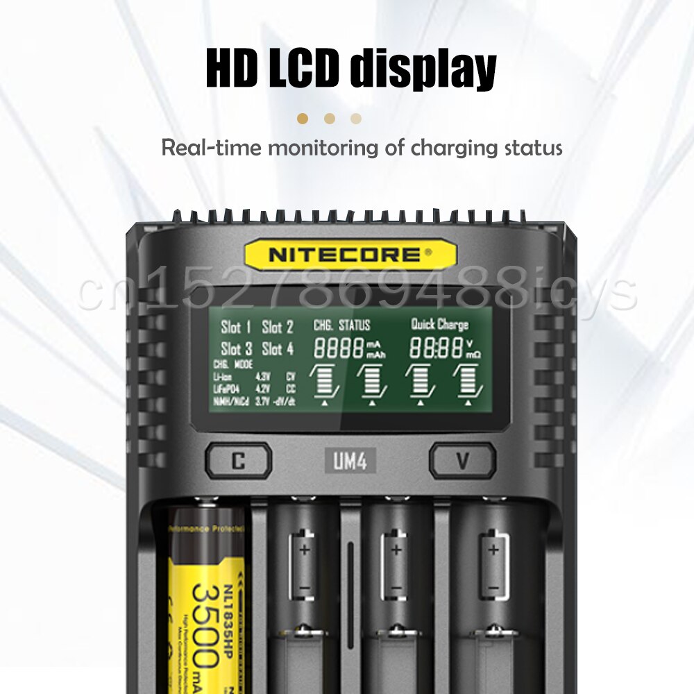 NITECORE UMS4 Batterie ladegerät QC Schnelle Ladung 4A mit 4 Slots Ausgang LCD Display Für 18650 14500 16340 26650 21700 AA AAA Batterie