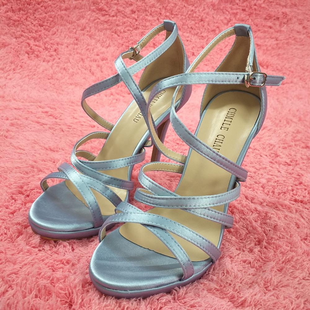 Sexy Sky Blue Satin Sandals High Heel Fiesta Party Women Sandal Summer Open Toe Ankle Strap Stiletto Platform 12cm Heel Shoe