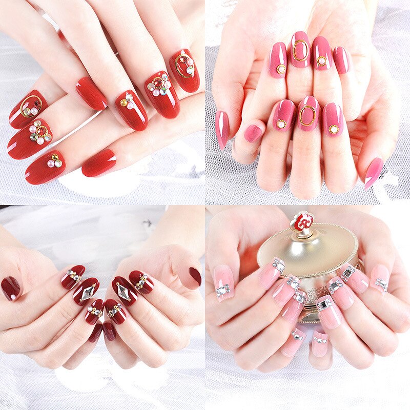 24 Stks/set Nep Nagels Druk Op Meisjes Vinger Schoonheid Valse Nail Art Tips Bright Shining 3D Diamond Inzoomen Franse nail Art Tips