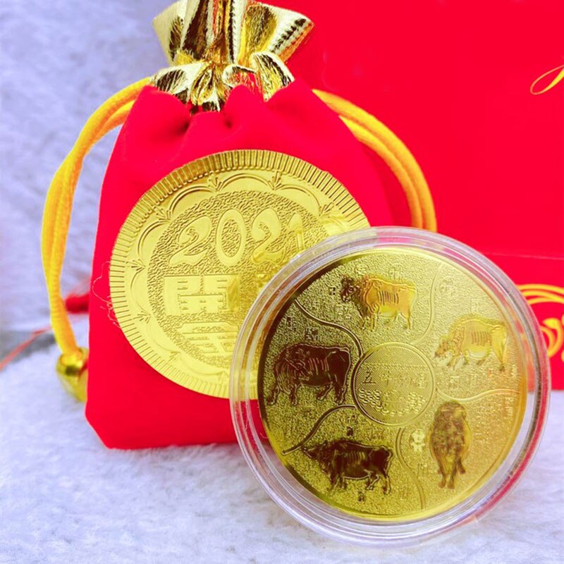 Year of The Ox Zodiac Gold Coin with Year Red Cloth Bag Commemorative Coin Feng Shui Decorations Supplies GHS99
