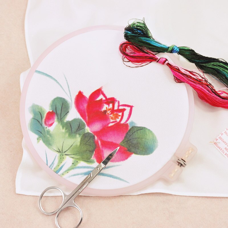 DIY Chinese Silk Suzhou Embroidery Kit with Hoop Flower Printed Pattern Needlework Kit Handkerchief Handmade Sewing Art Craft